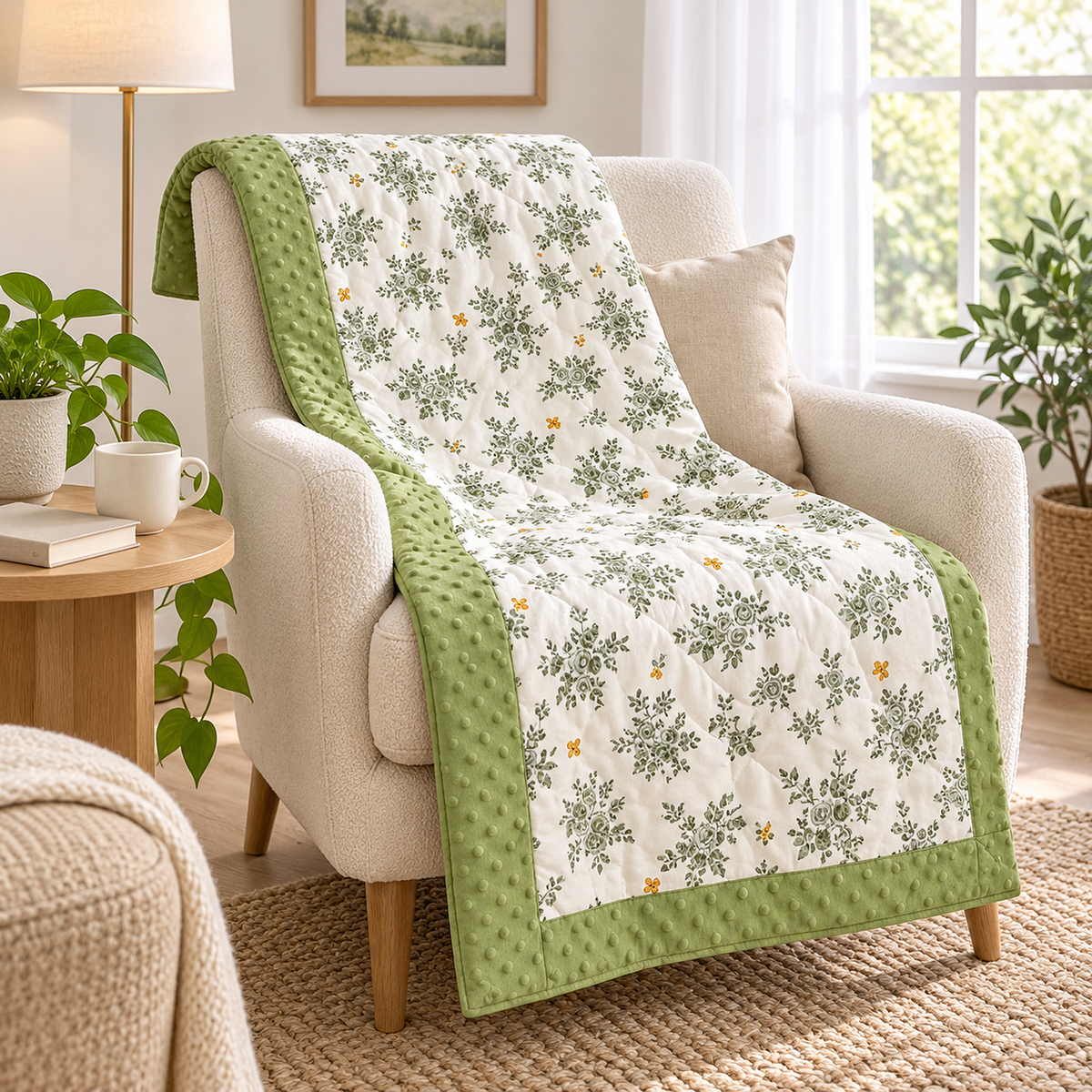 Olmesa floral cotton summer quilt, white and green throw blanket for couch covering a reading chair back and seat