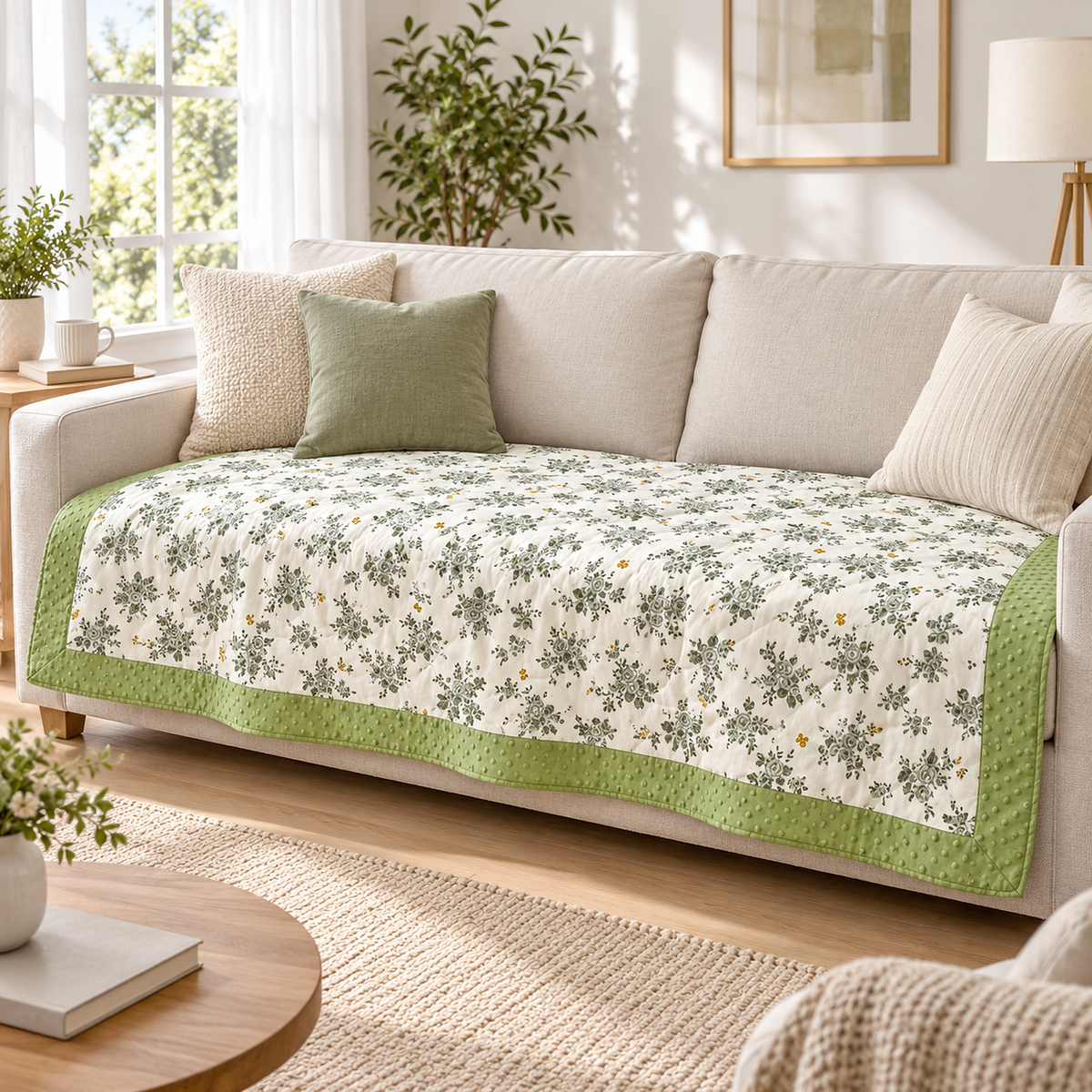 Olmesa floral cotton summer quilt, white and green throw blanket for couch spread across living room sofa cushions