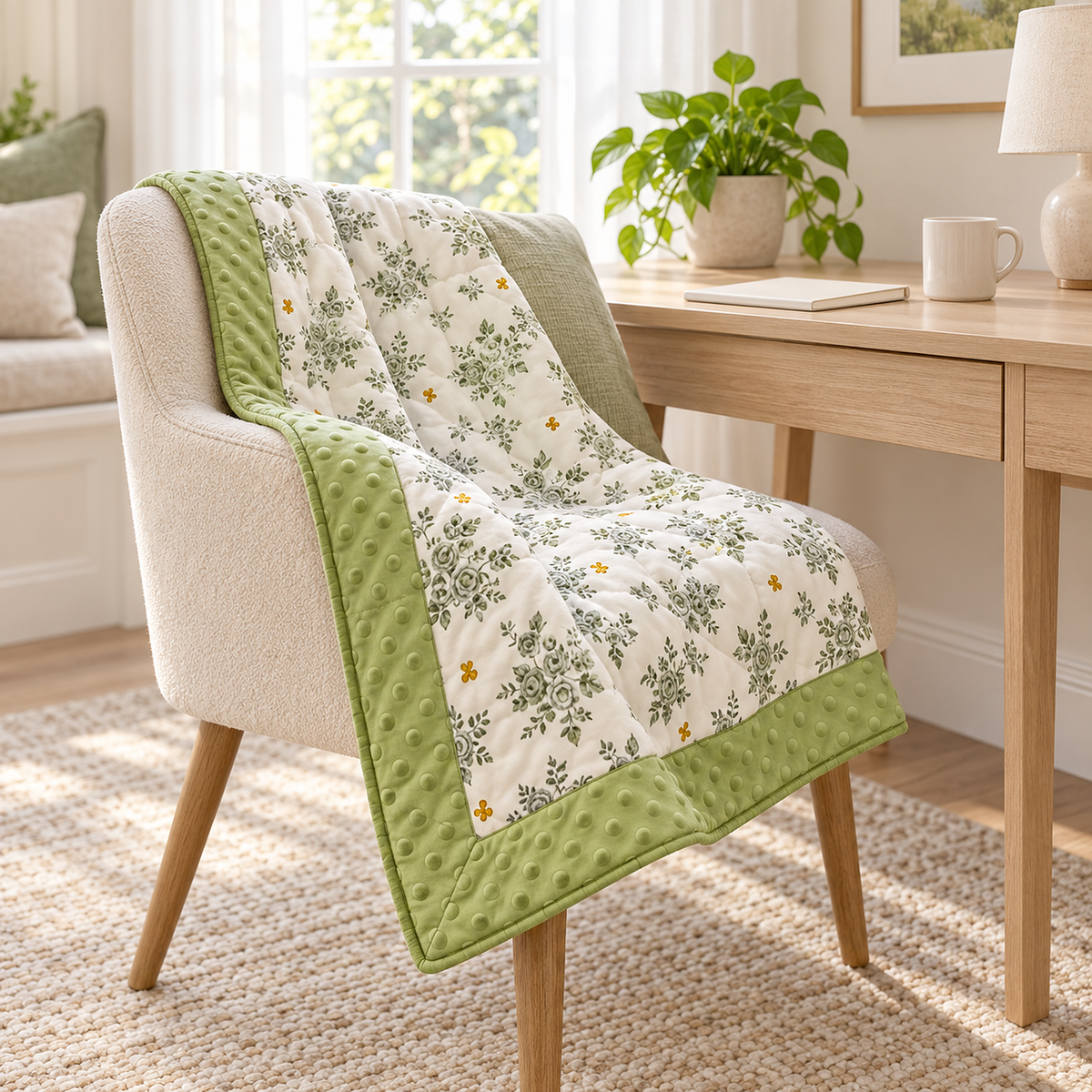 Olmesa floral cotton summer quilt, white and green throw blanket corner framed by its dotted green border