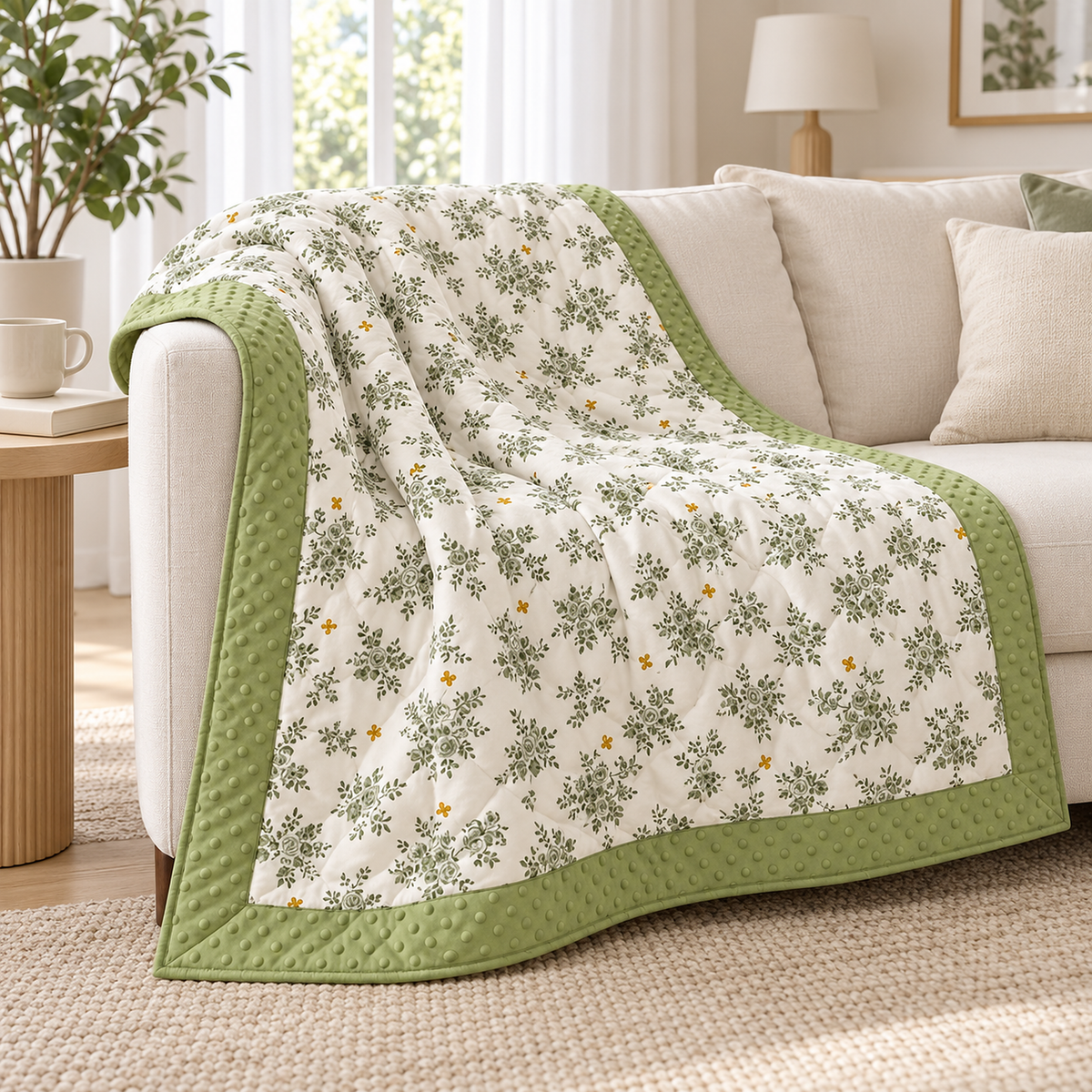 Olmesa floral cotton summer quilt, white and green throw blanket for couch draped open over an ivory sofa arm