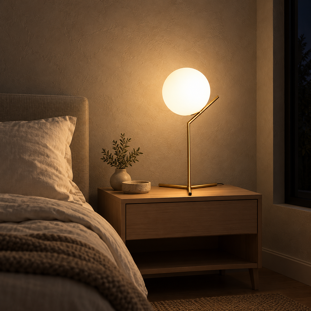 Olvarena bedside lamp with a gold tone body casting soft warm light onto a plaster wall at night