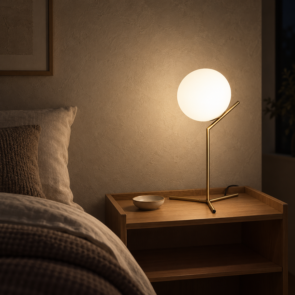 Olvarena bedside lamp with a gold tone body softly lighting an evening tabletop in a guest sleeping alcove