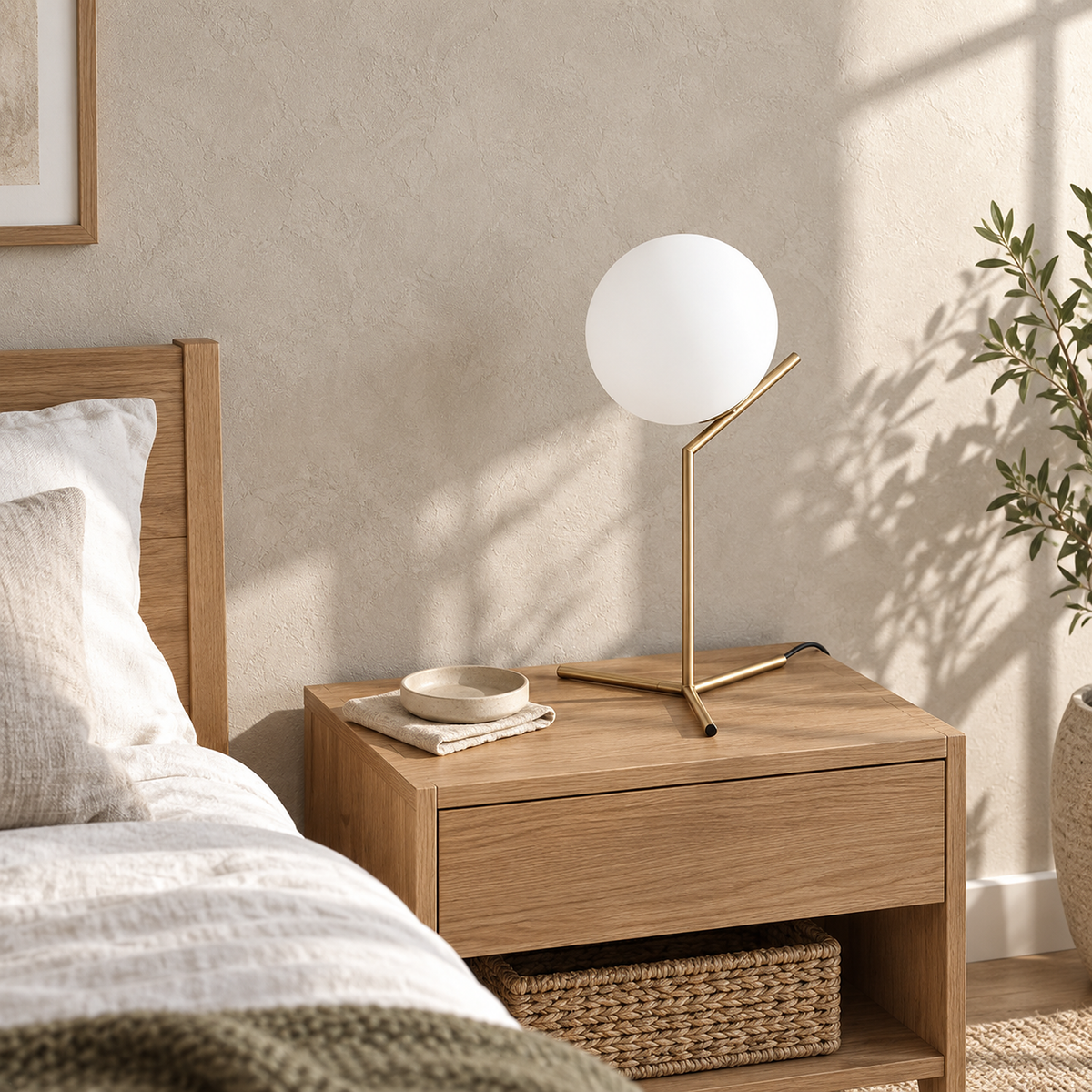Olvarena bedside lamp with a gold tone open three spoke base resting on a sunlit nightstand