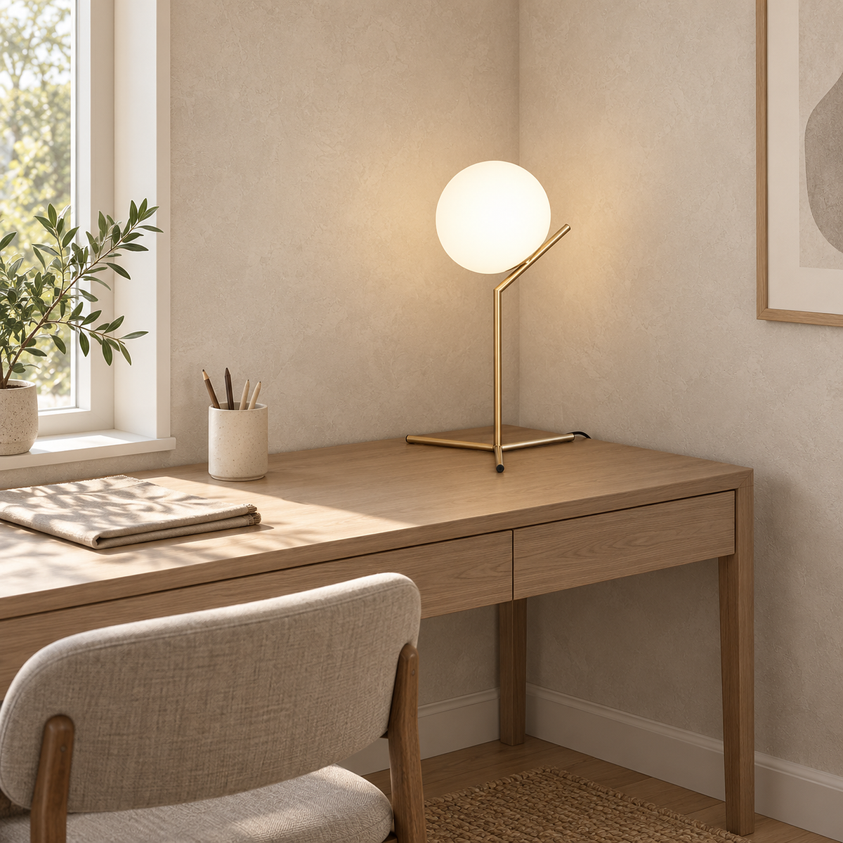 Olvarena gold bedside table lamp lighting a pale study desk by day, doubling as a desk lamp