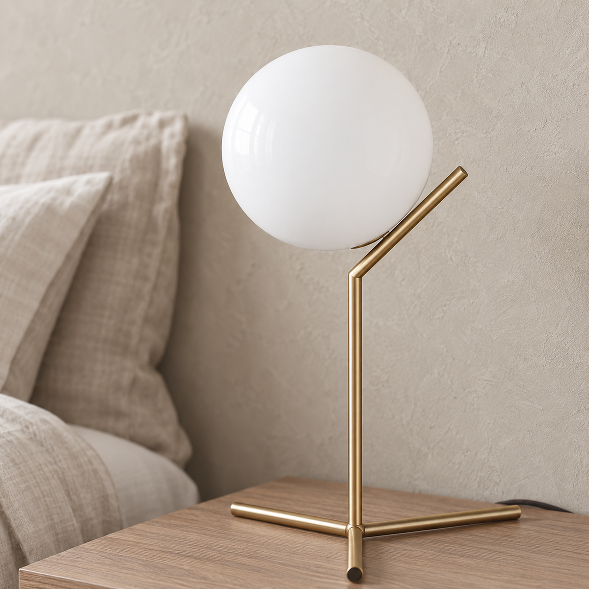 Olvarena table lamp close up of the white spherical glass globe and gold tone metal body