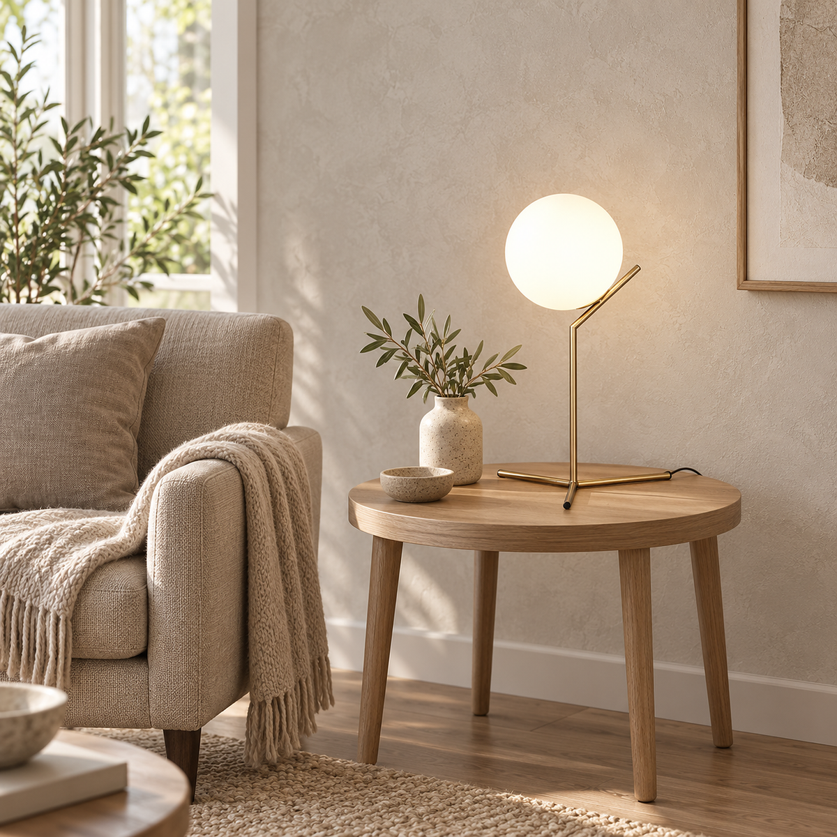 Olvarena gold table lamp on a living room side table beside an oatmeal armchair
