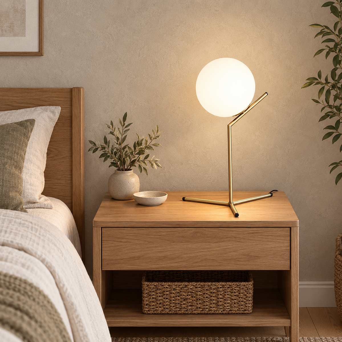 Olvarena table lamp with a gold tone three spoke base leaving the tabletop visible between the spokes