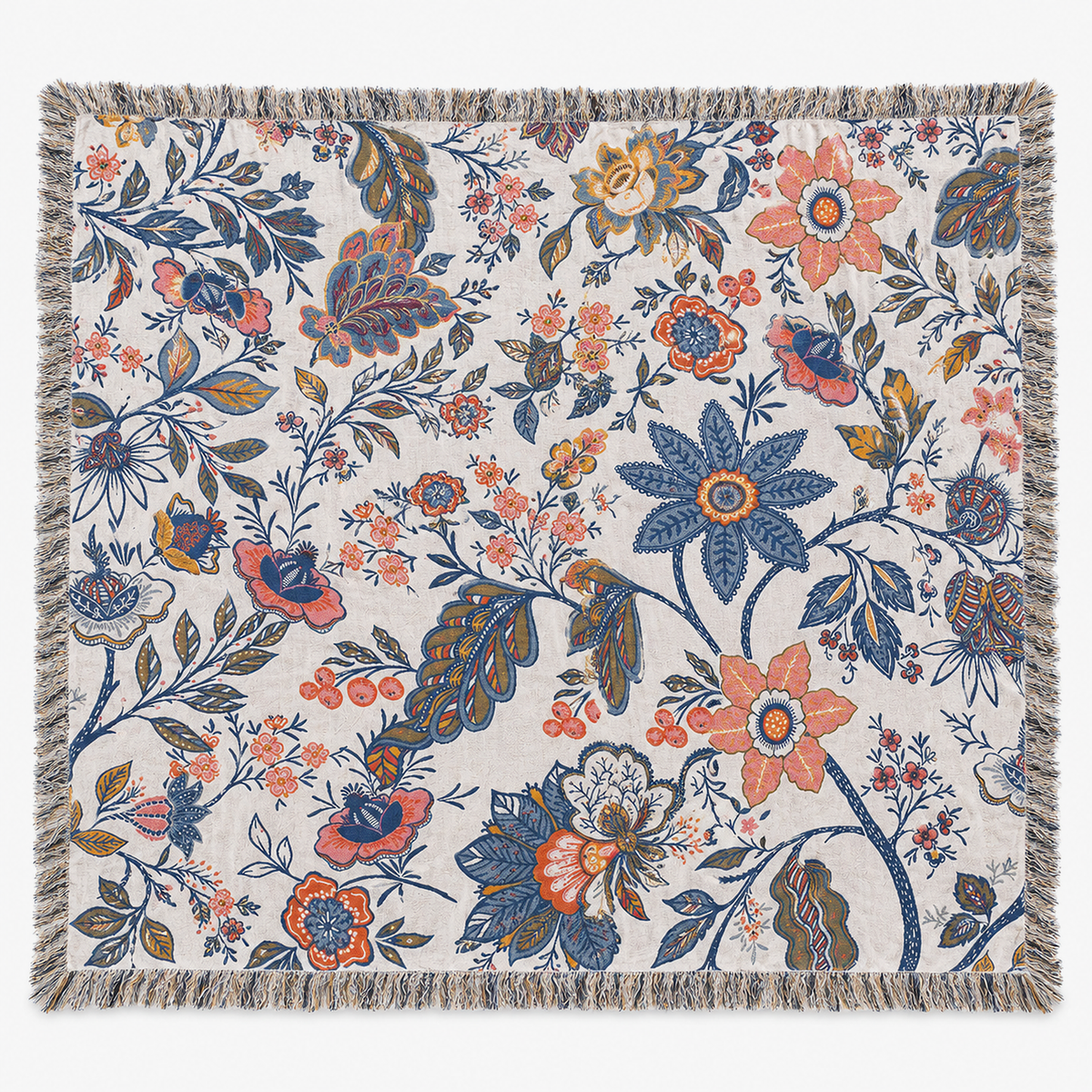 Olvenira cream floral cotton blanket laid fully open showing the whole woven floral jacquard pattern