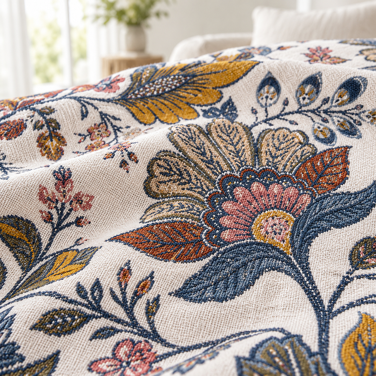 Olvenira cream floral cotton throw blanket close up showing jacquard threads and a slightly crinkled texture