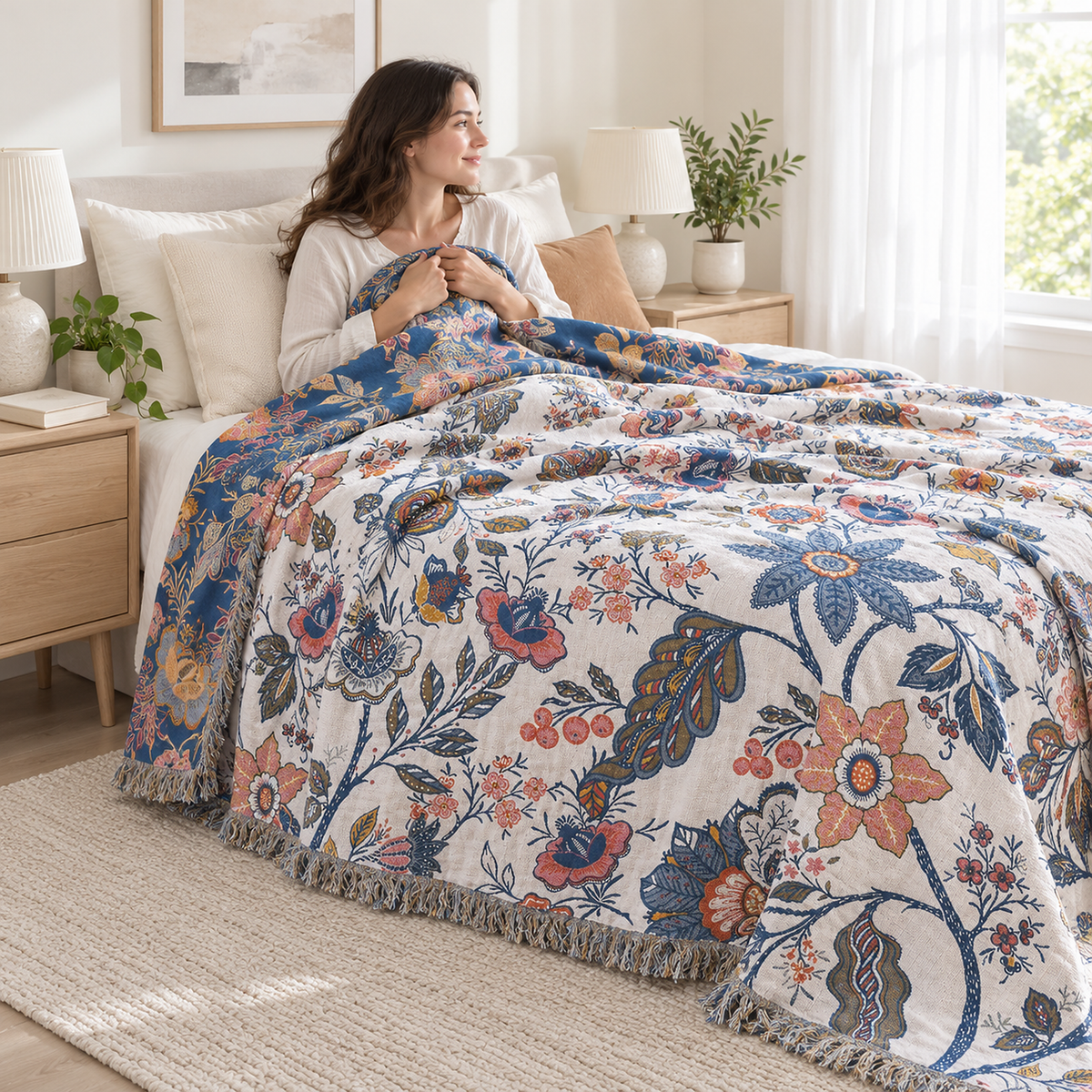 Olvenira cream floral cotton throw blanket covering an adult resting in bed on a quiet morning