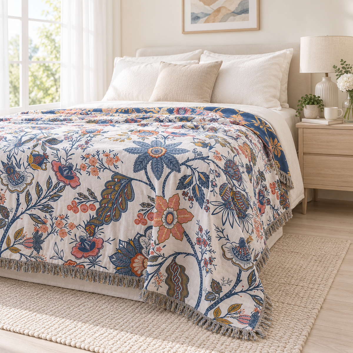 Olvenira cream floral oversized throw blanket hanging as one lightweight layer over the side of a queen mattress