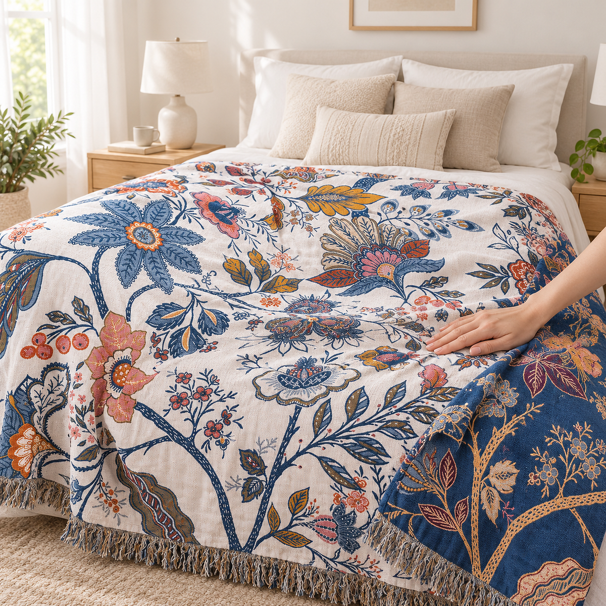 Olvenira cream floral soft throw blanket being smoothed by an adult hand across a mattress