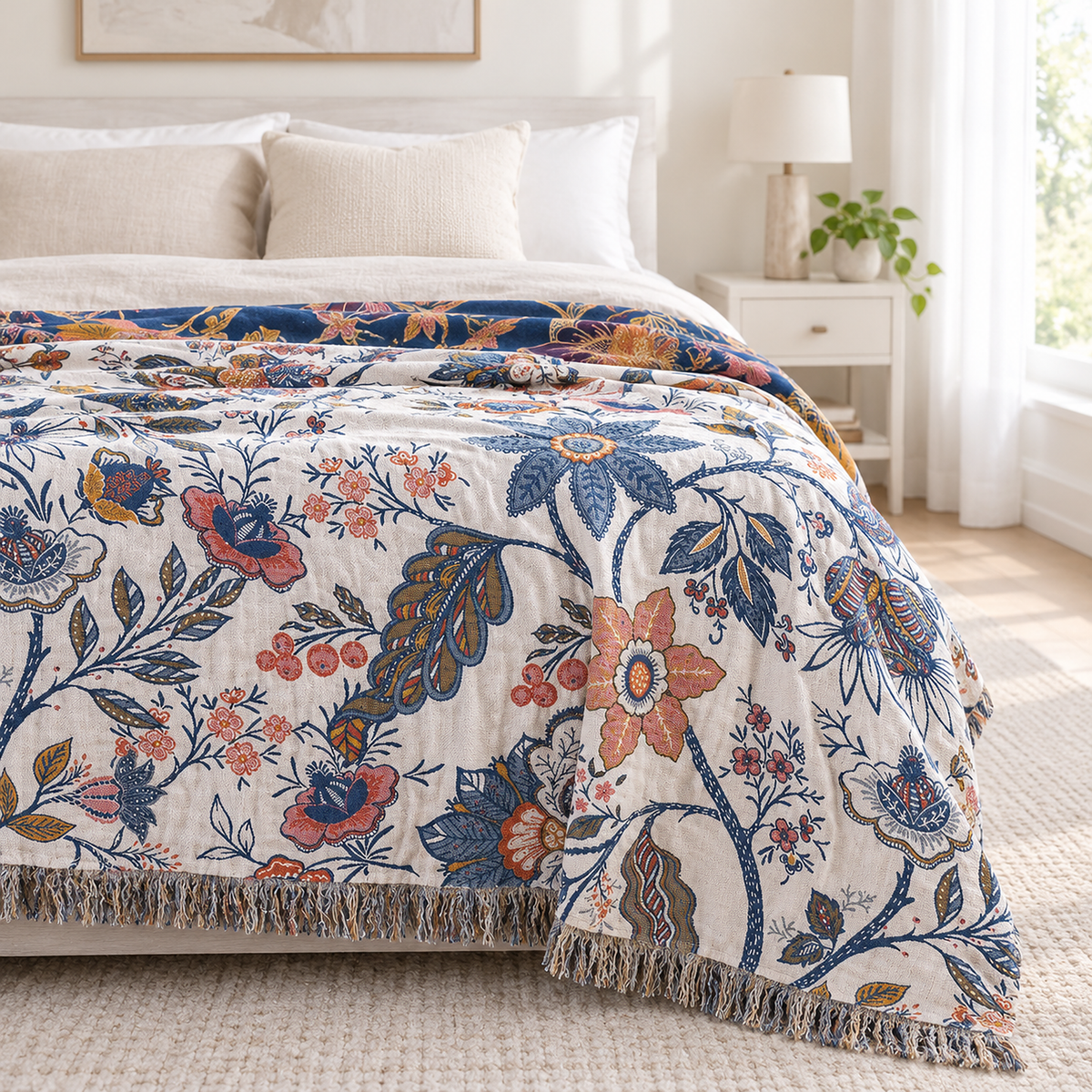 Olvenira cream floral throw blanket foot edge finished with loose multicolored fringe and tassels