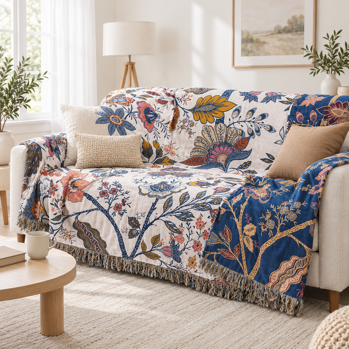 Olvenira cream floral throw blanket opened across the seats of a compact ivory sofa