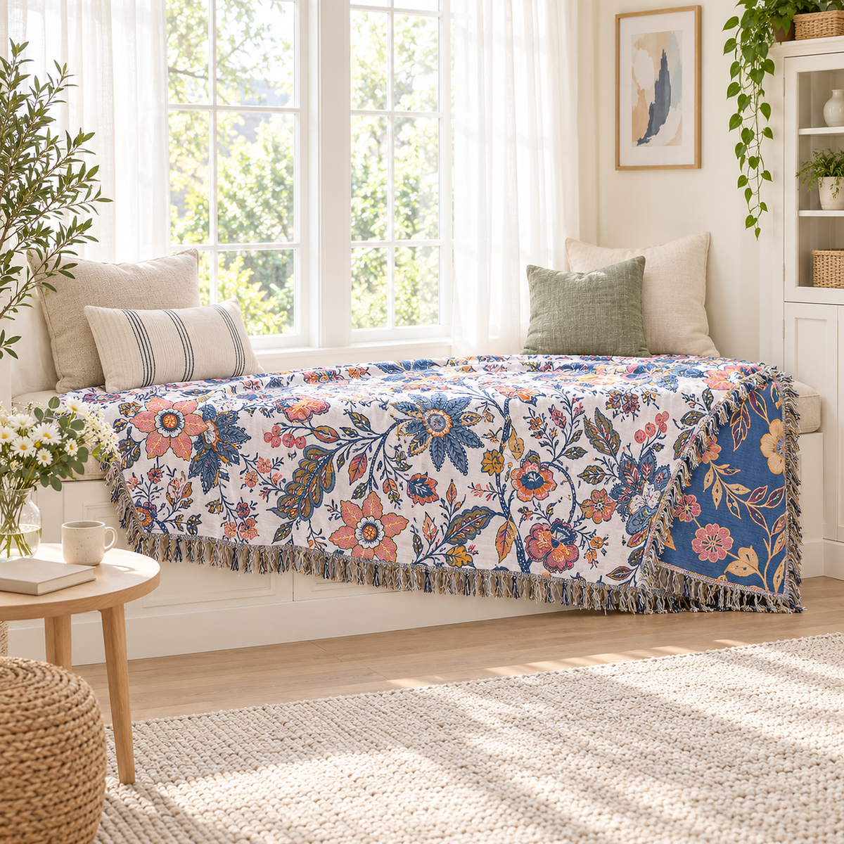 Olvenira cream floral throw blanket with tasseled ends and a reverse corner turned back on a sunroom window seat