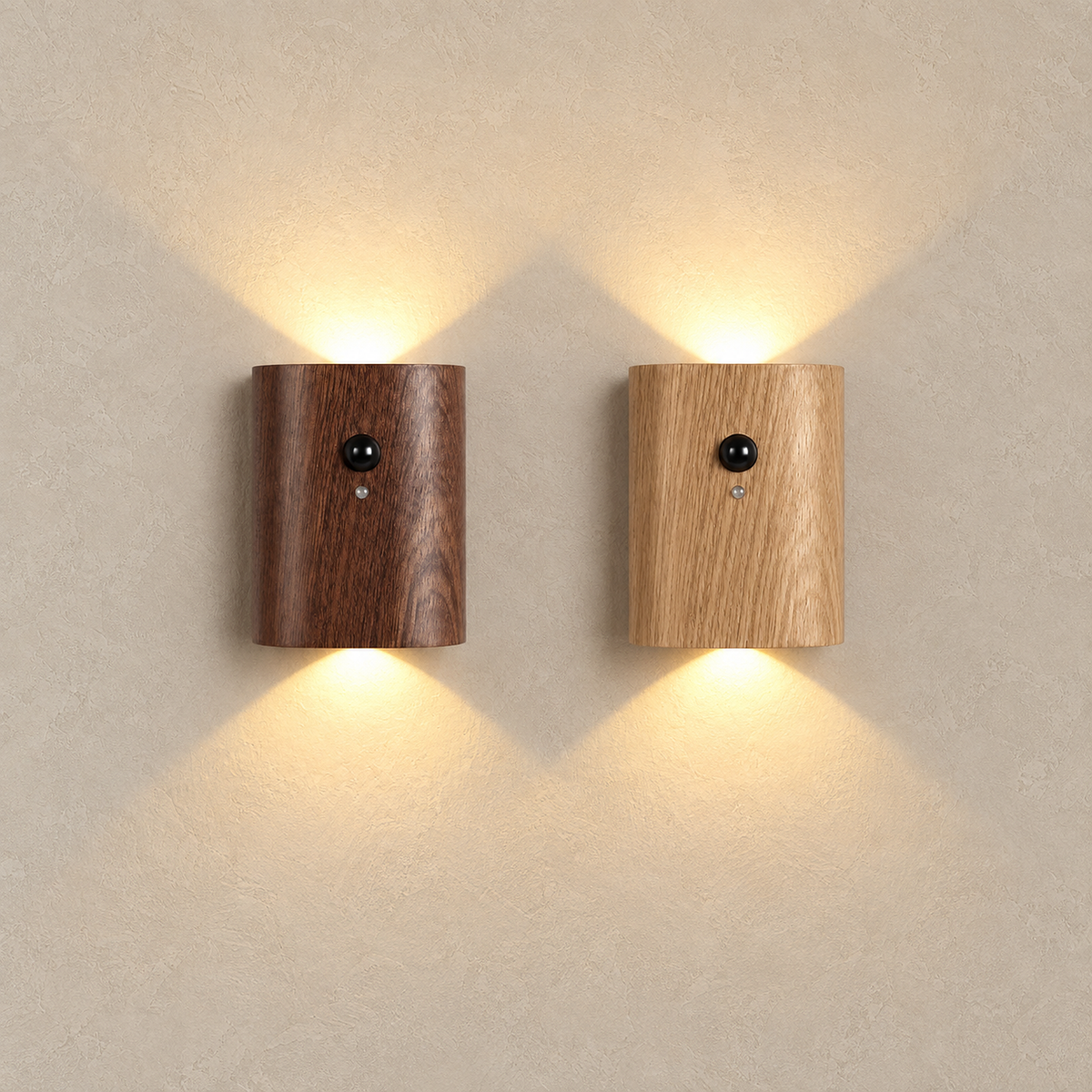 Orimane dark wood and light wood rechargeable wall sconces lit side by side