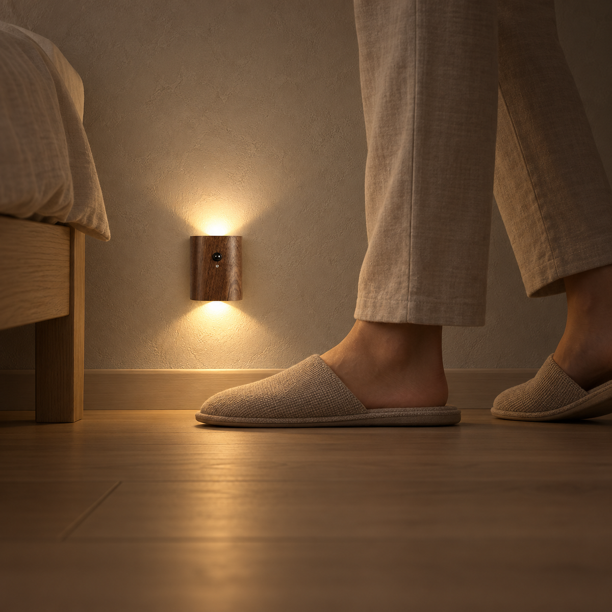 Orimane dark wood bedside wall light glowing low near the floor beside slippered feet at night