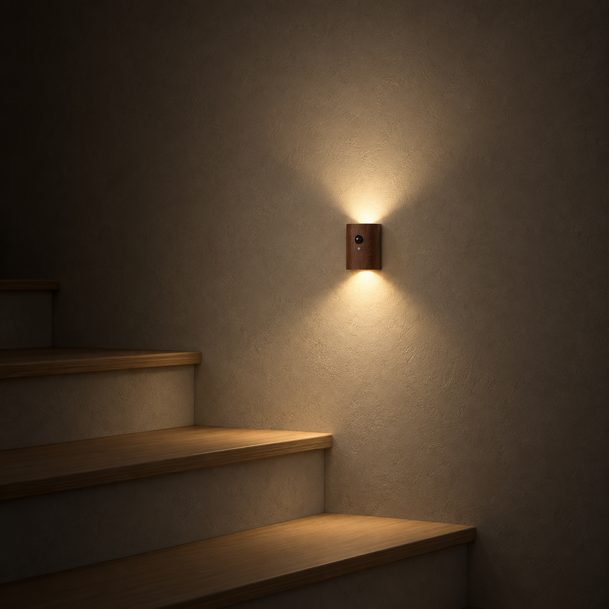 Orimane dark wood LED wall sconce casting warm pools of light beside pale stairs at night