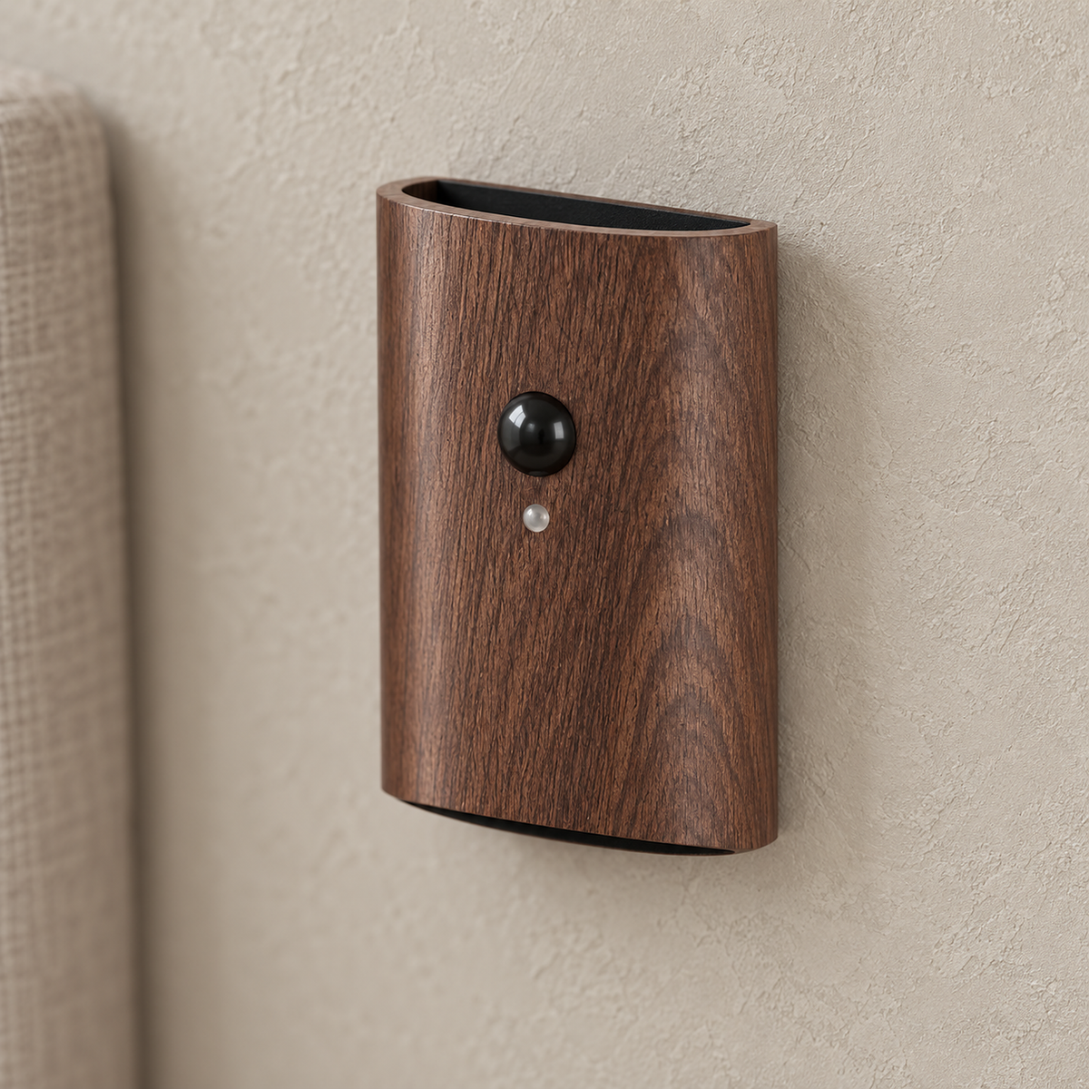 Orimane dark wood wall sconce close up on its beech grain sensor and upper opening