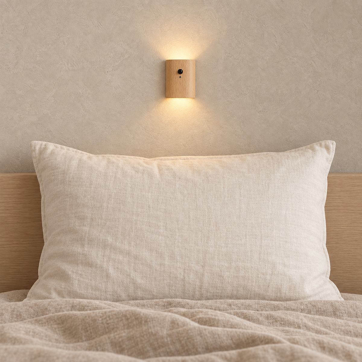 Orimane light wood battery operated wall sconce casting warm light above an ivory bedroom pillow #color_light wood