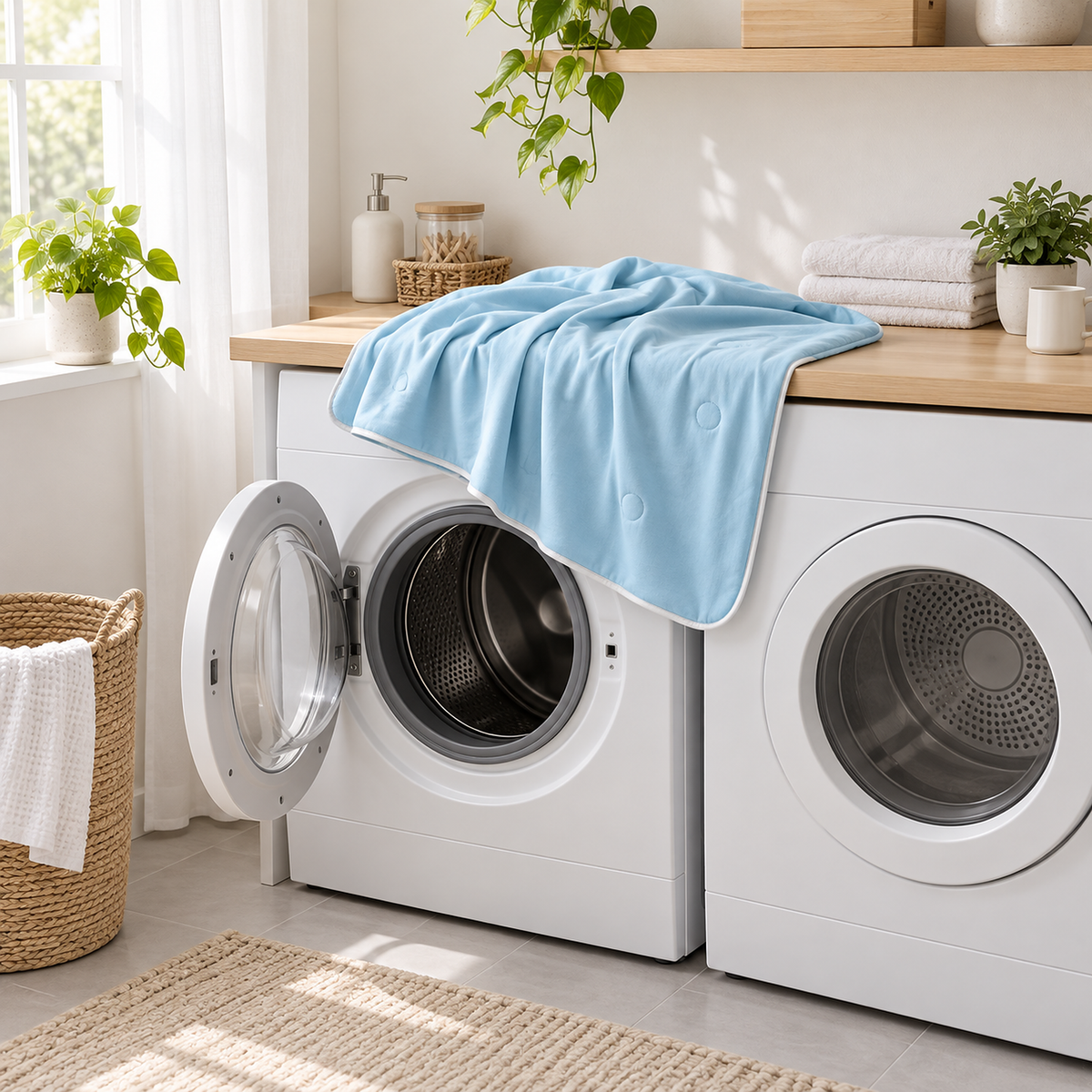 Ormivel sky blue cooling blanket ready for laundry beside a home washer and dryer