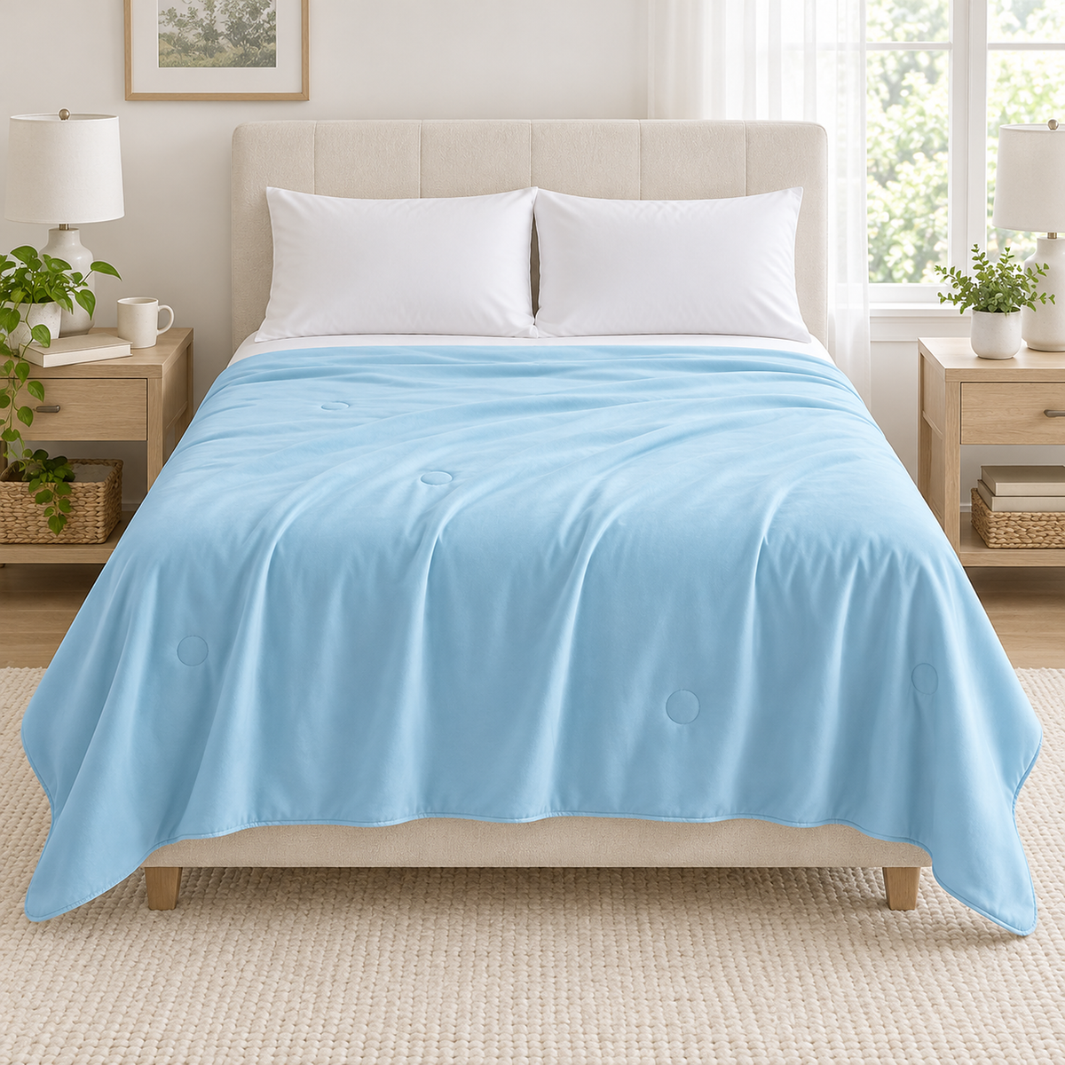 Ormivel sky blue cooling blanket spread across a furnished twin bed in daylight