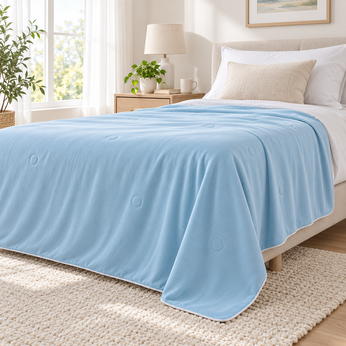 Ormivel sky blue knit throw blanket draped over the bed showing its seamed edge and natural drop