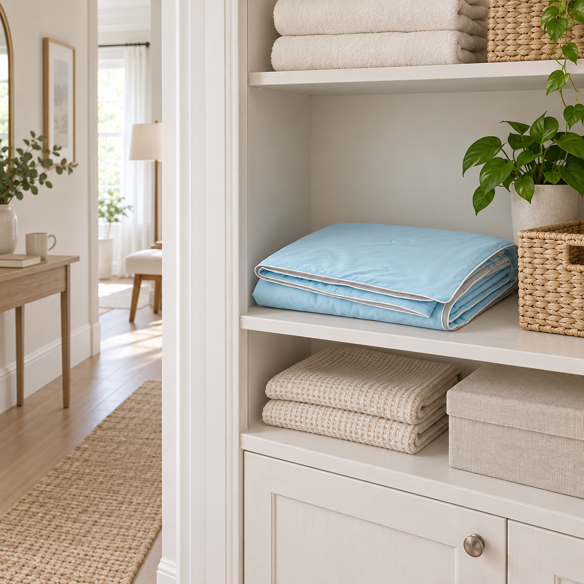 Ormivel sky blue knit throw blanket stored on a hallway closet shelf beside a woven basket