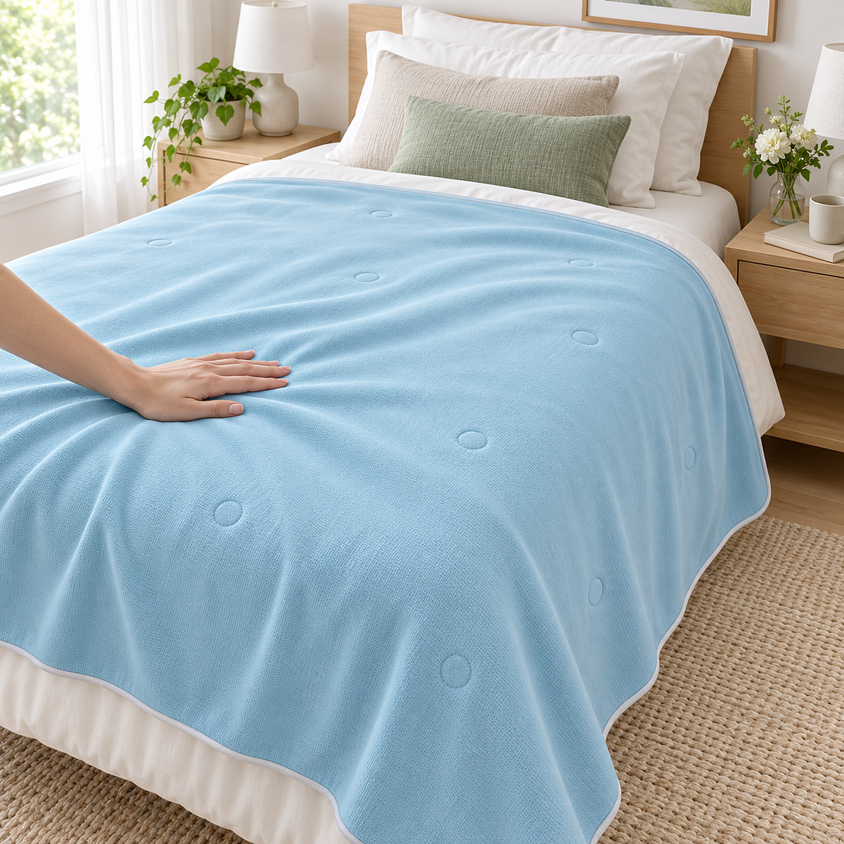 Ormivel sky blue knit throw blanket for summer cooling smoothed flat on the bed by an adult hand