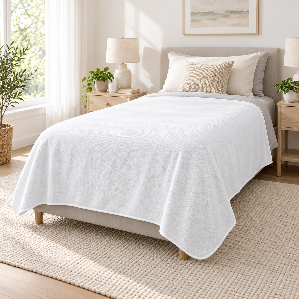Ormivel white knit throw blanket spread over a light gray upholstered twin bed #color_white