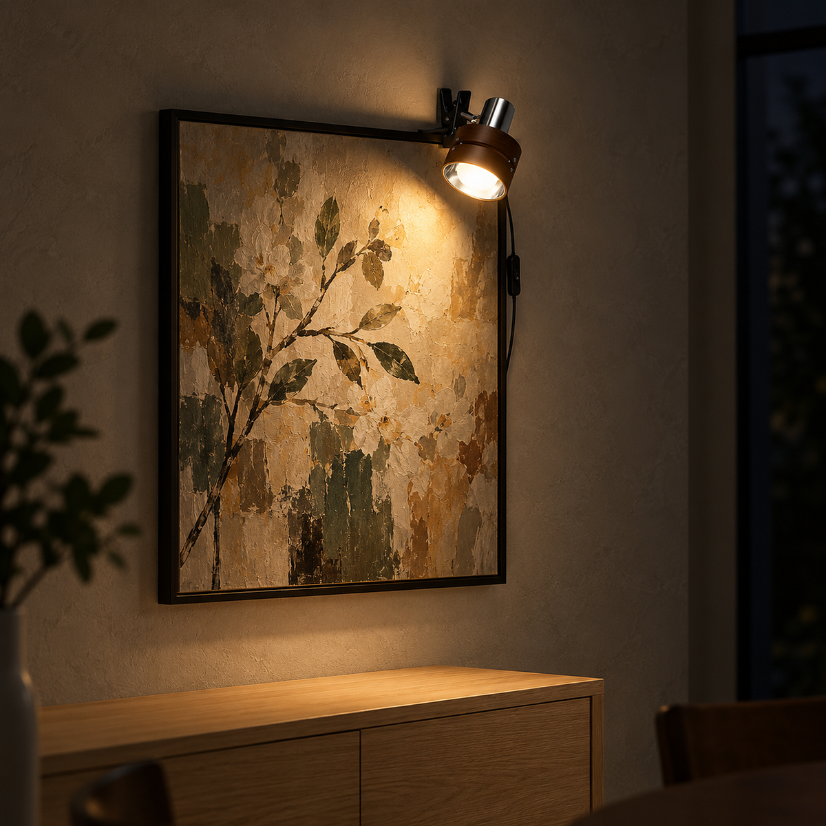 Ornalio walnut and iron clip on picture light lighting a dining room canvas after dark