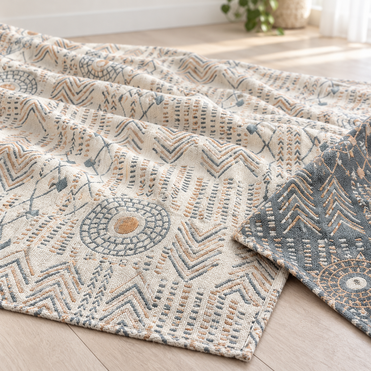 Ornasel cream and blue gray cotton throw blanket close up of the yarn dyed jacquard fabric