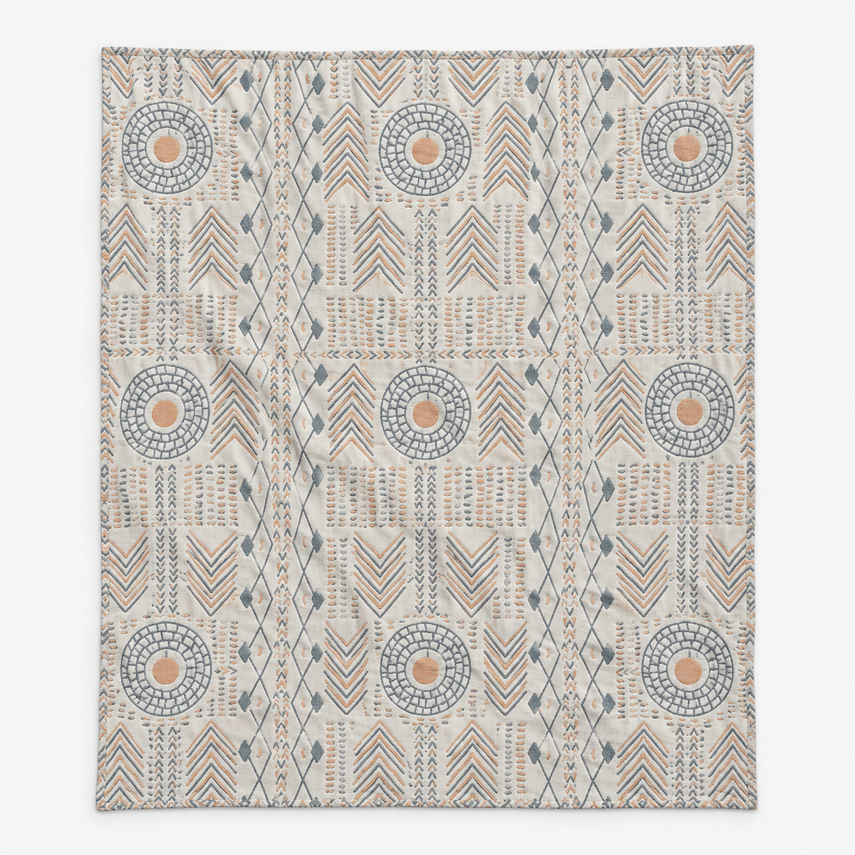 Ornasel cream and blue gray reversible cotton blanket laid flat showing the full jacquard pattern