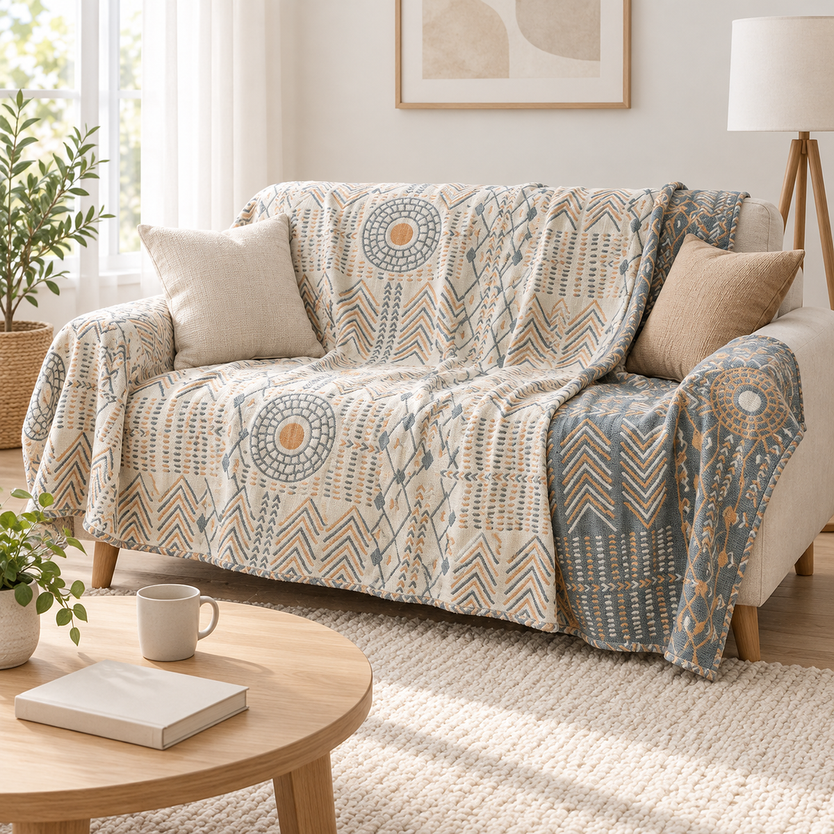 Ornasel cream and blue gray soft throw blanket draped loosely over the arms of an ivory loveseat