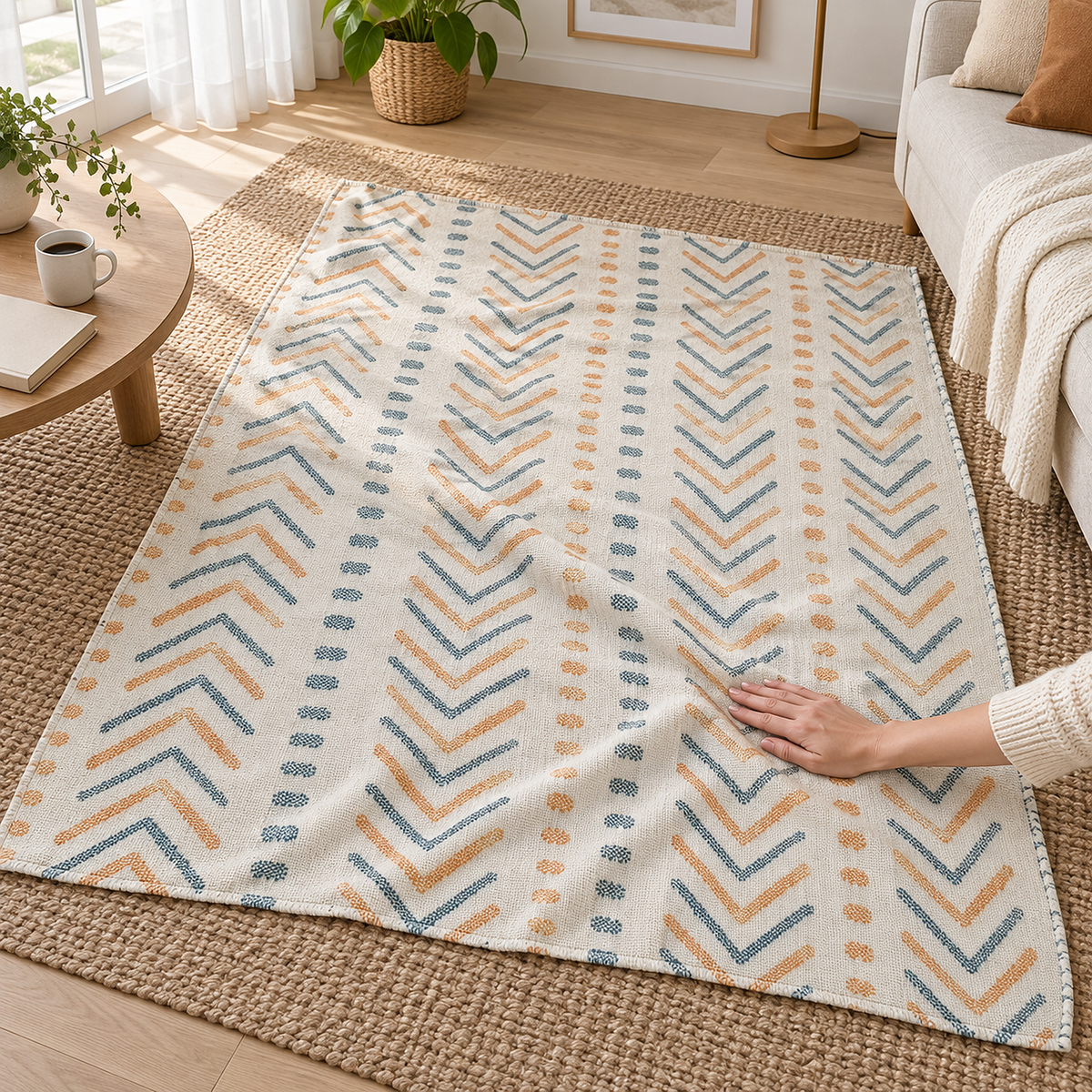 Ornasel cream and blue gray throw blanket in 100% cotton under an adult hand smoothing the surface