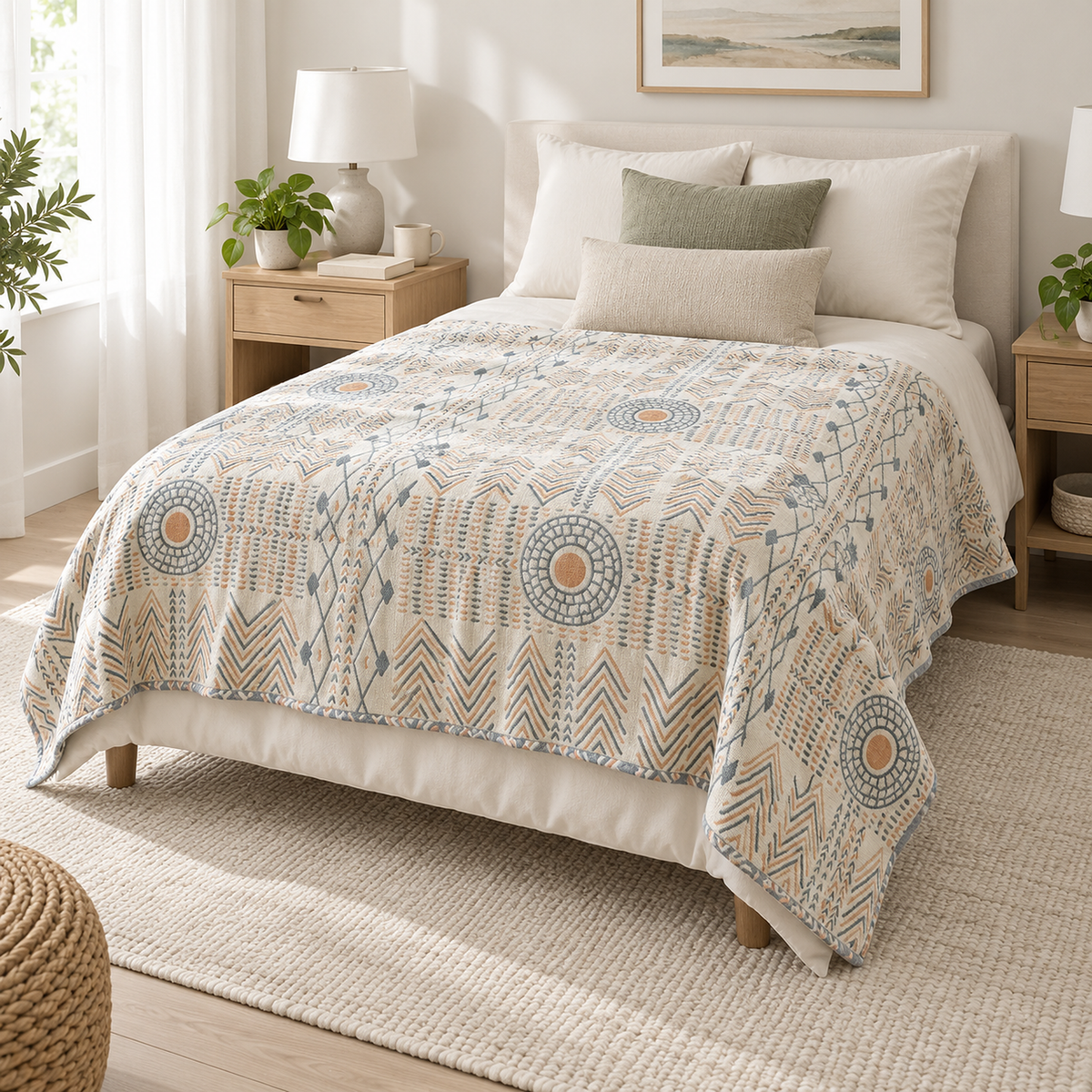 Ornasel cream and blue gray throw blanket spread across a made twin bed in a bright bedroom