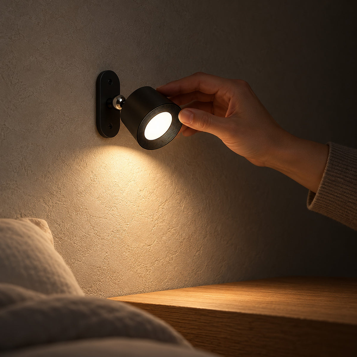 Orsilen black battery operated wall sconce lit beside a clear nightstand in a bedroom at night