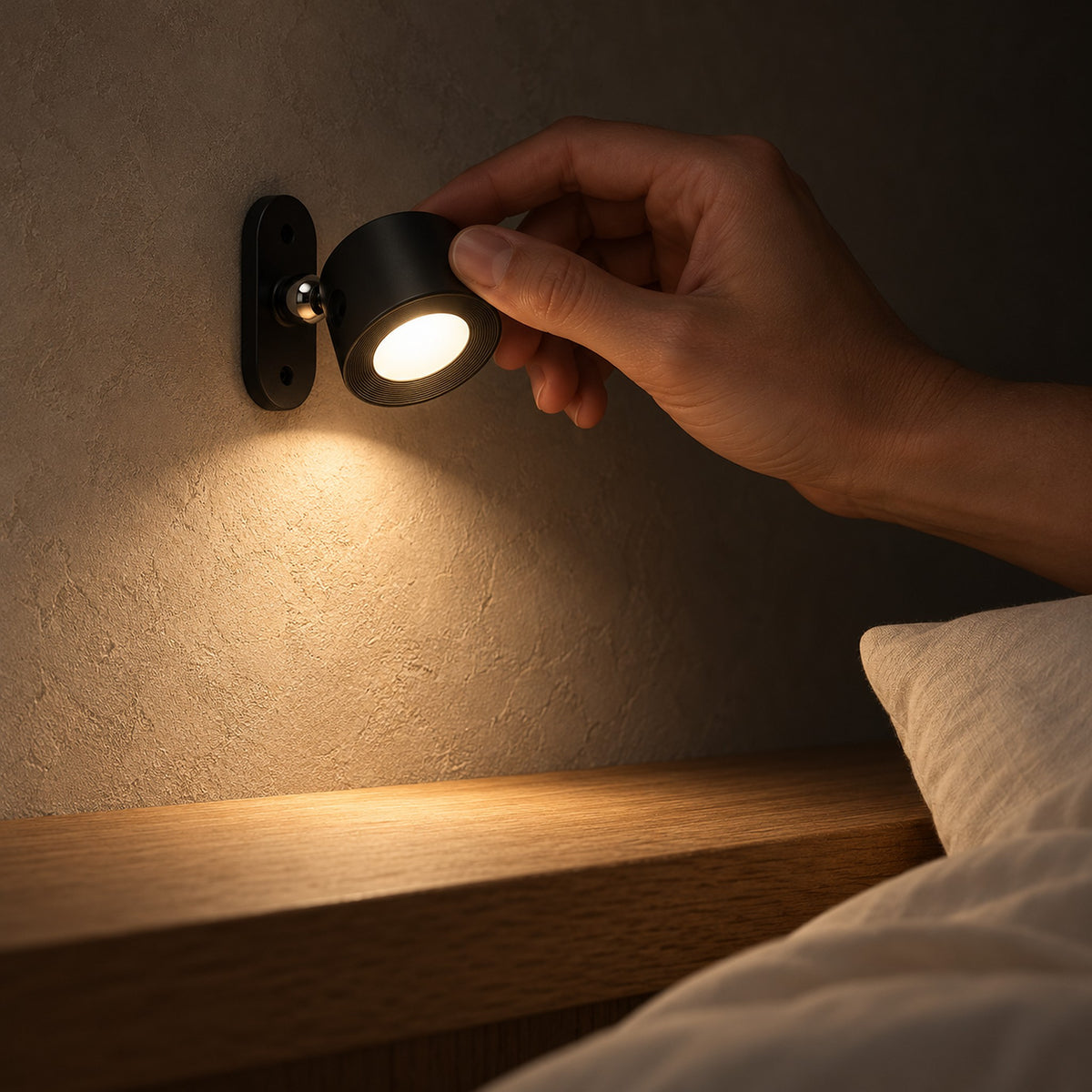 Orsilen black bedside wall light casting a soft pool of light over the bed at night