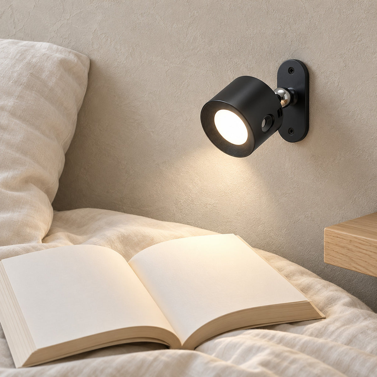 Orsilen black bedside wall light lit above a tidy bed in a guest sleeping nook by day