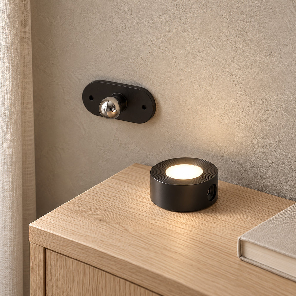 Orsilen black LED wall sconce, spotlight head detached and resting on a surface in a dining alcove