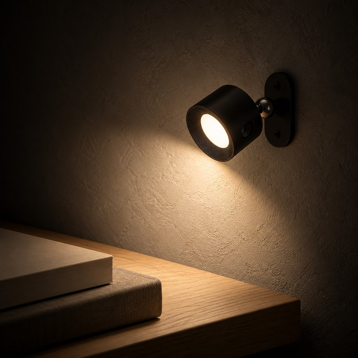 Orsilen black rechargeable wall sconce lit at night, head and magnetic connection up close