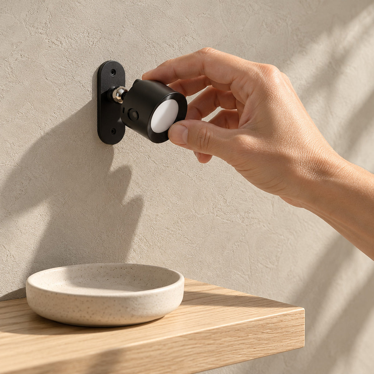 Orsilen black rechargeable wall sconce mounted above a sunlit shelf on a stair landing