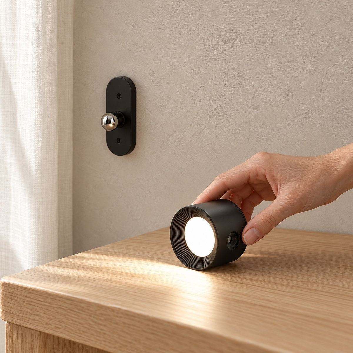 Orsilen black rechargeable wall sconce, spotlight head standing on a desk below its empty wall base