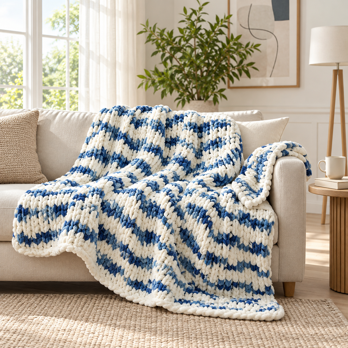 Orvelsa blue and white stripe chenille chunky knit blanket draped over a cream sofa in a bright living room