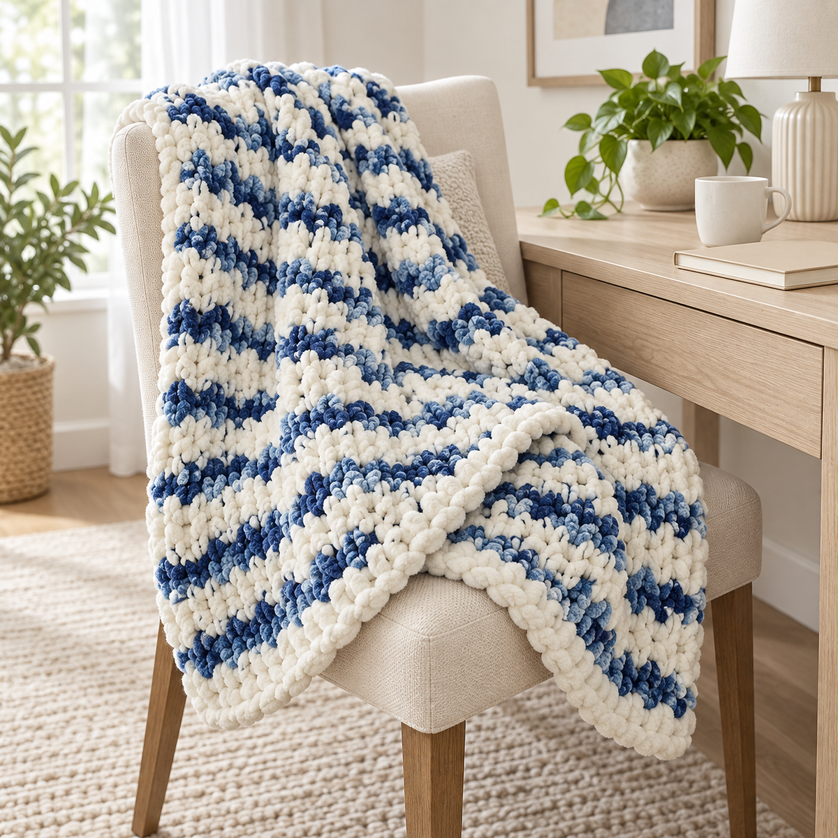 Orvelsa blue and white stripe knit throw blanket with one corner turned to show the reversible side by a window