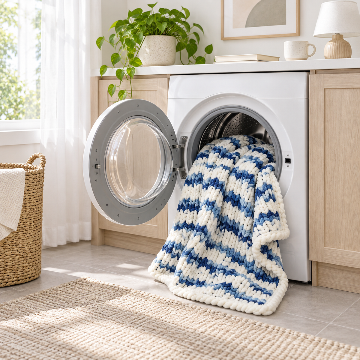 Orvelsa blue and white stripe machine washable throw blanket inside an open washer in a daylit laundry room