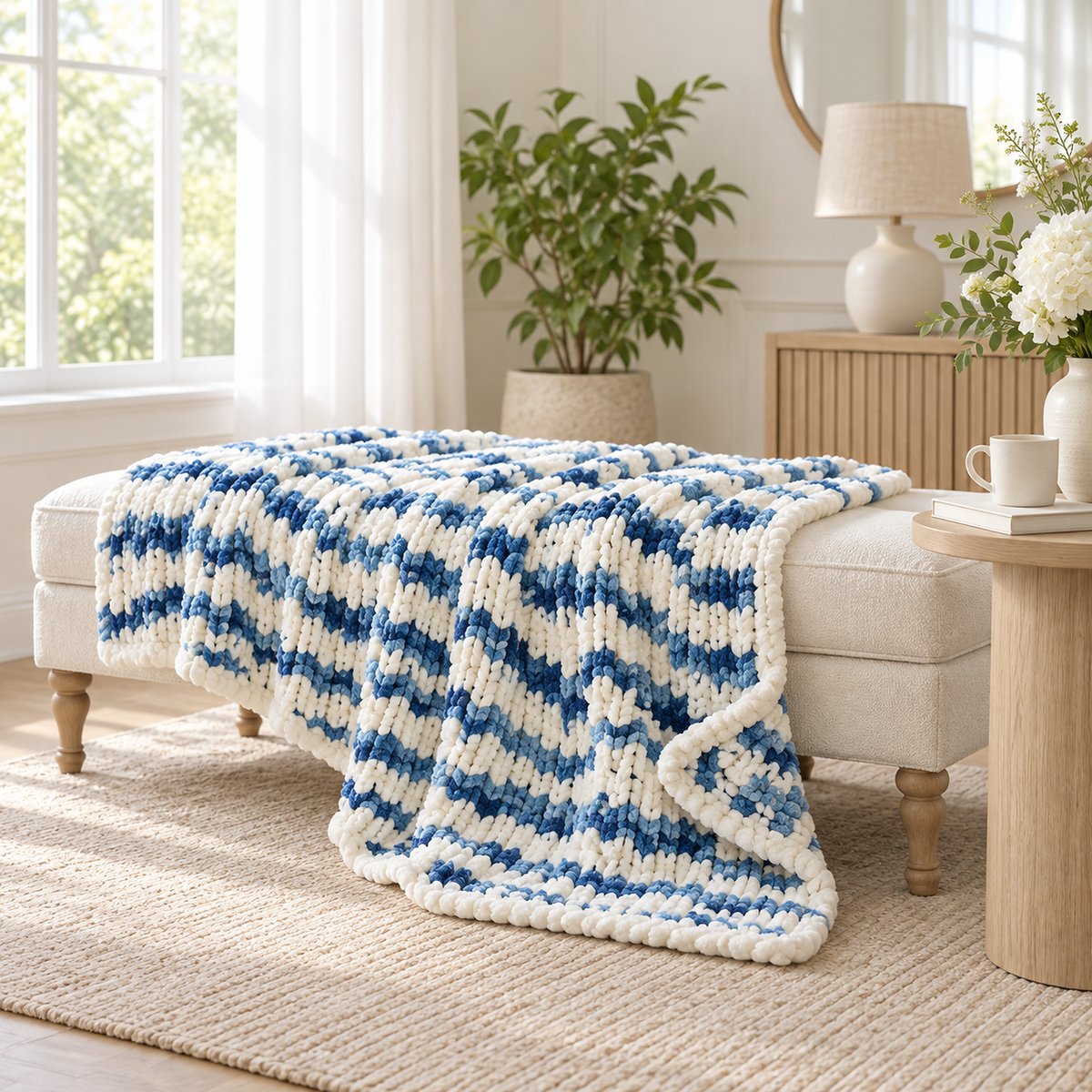 Orvelsa blue and white stripe soft throw blanket in a single open layer at cushion height on an entry bench