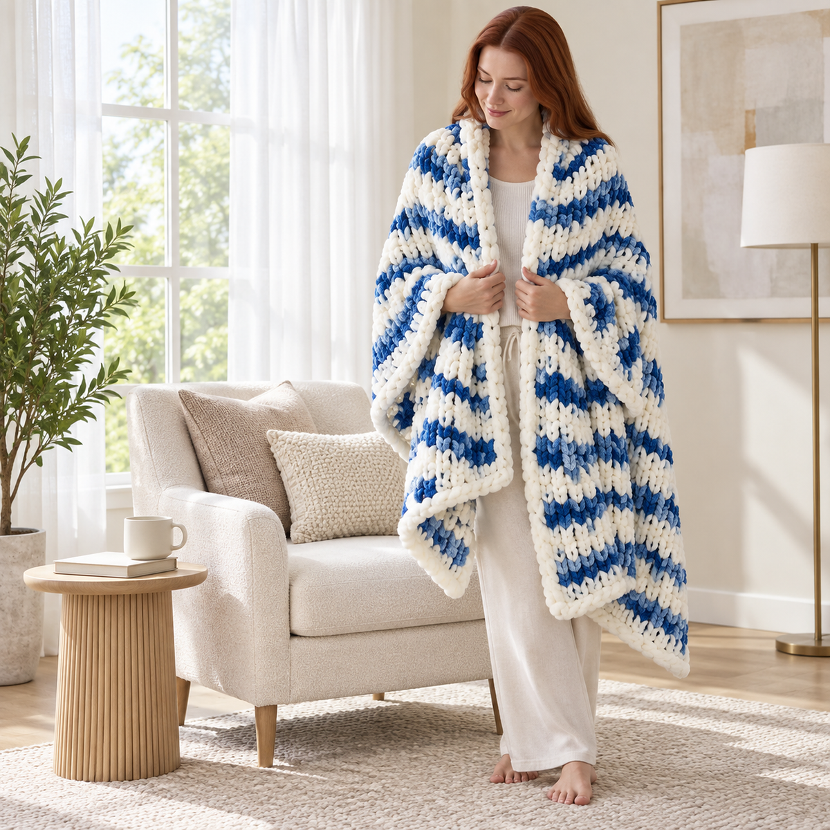 Orvelsa blue and white stripe throw blanket draped around an adult in a bright reading room