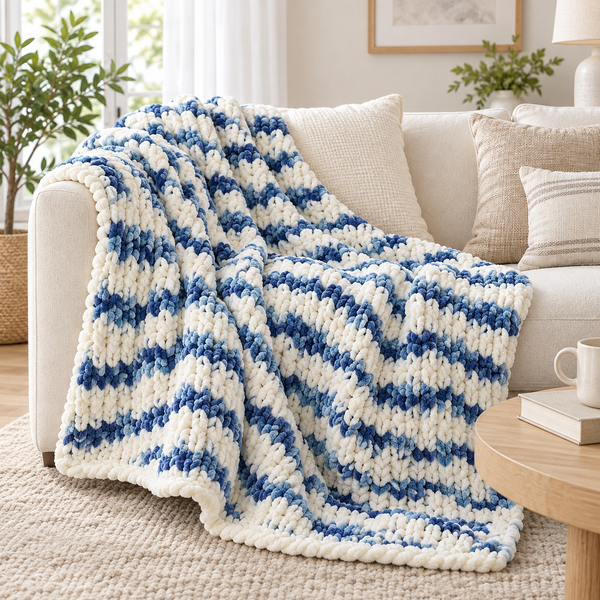 Orvelsa blue and white stripe throw blanket for couch gathered into thick folds over a pale sofa
