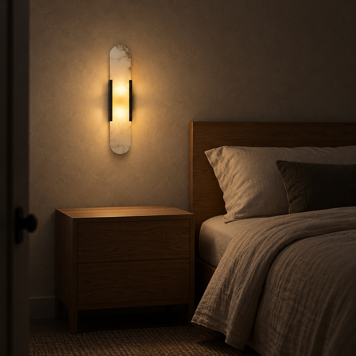 Oselira black bedside wall light softly lighting the wall by a bed in a guest alcove at night